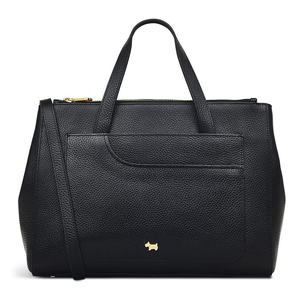 London Pockets Soft Medium Leather Ziptop Satchel Bag, Black :[
